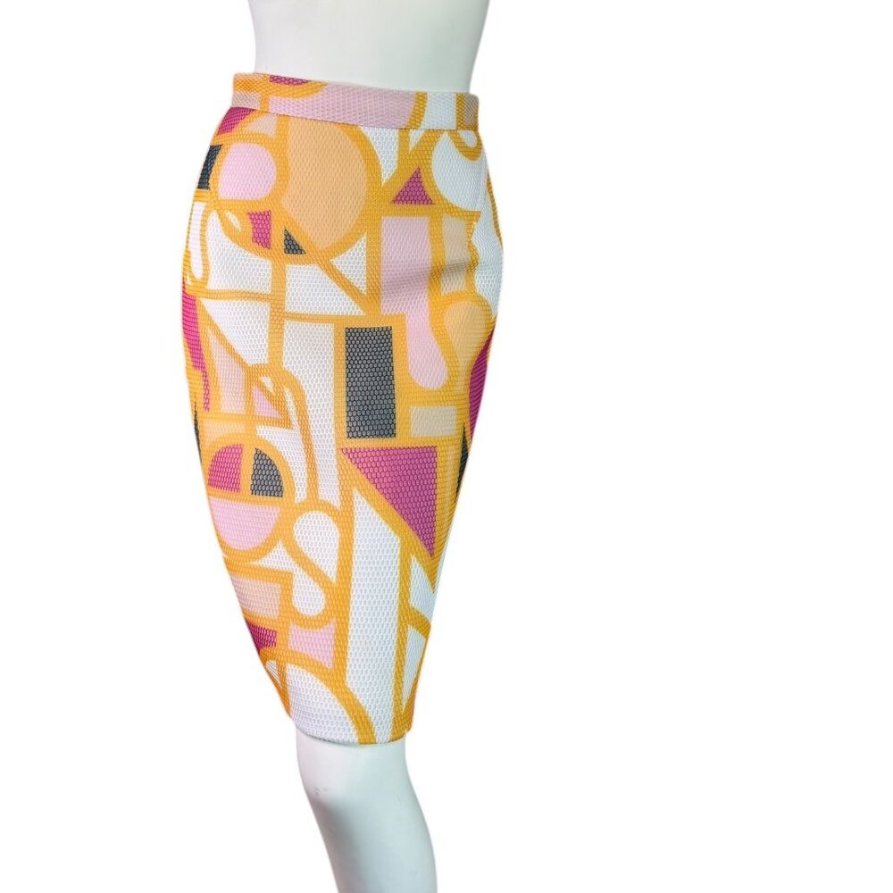 Raoul Structured Pencil Skirt Geometric Abstract Print Mesh Overlay Size 0